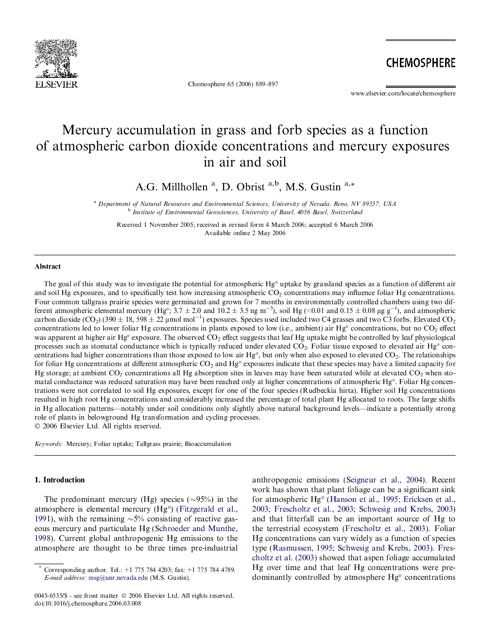 Mercury accumulation in grass and forb species as a function of atmospheric carbon dioxide concentrations and mercury exposures in air and soil