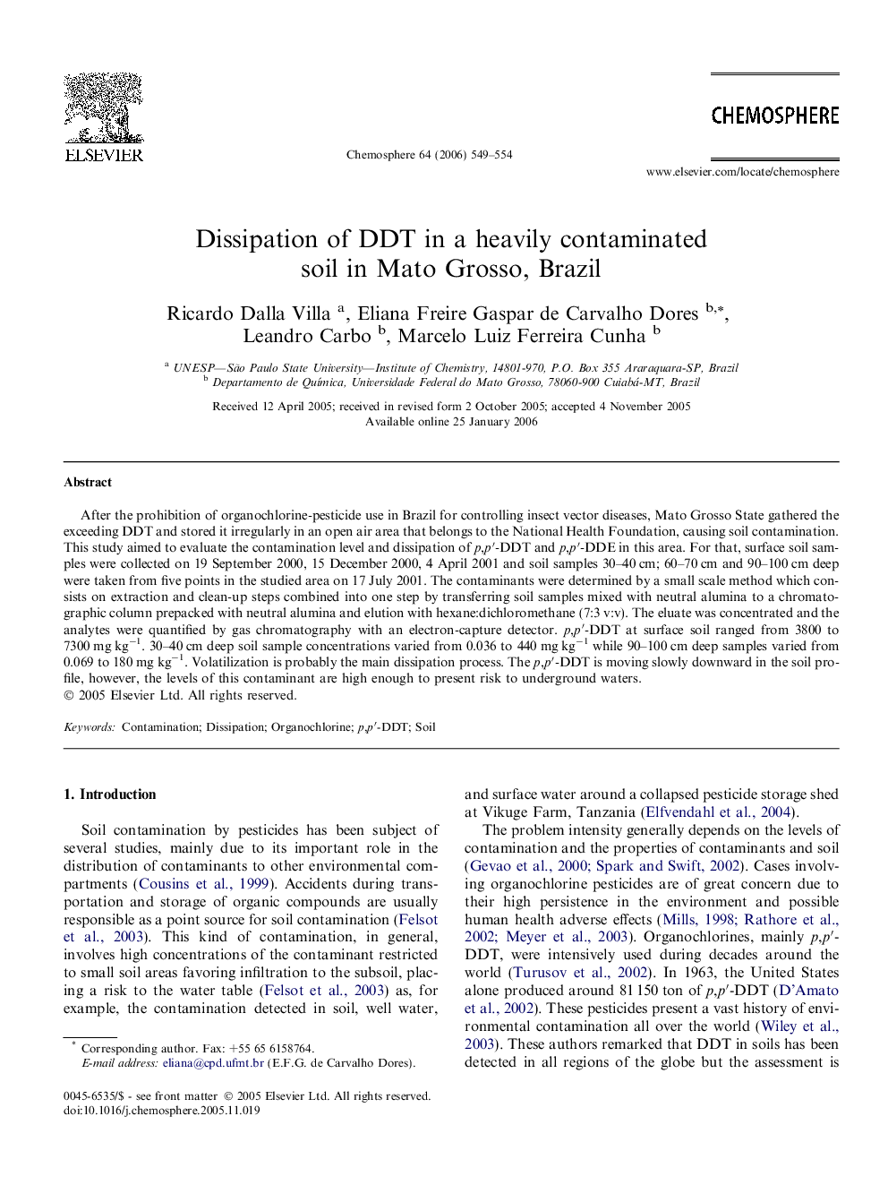 Dissipation of DDT in a heavily contaminated soil in Mato Grosso, Brazil