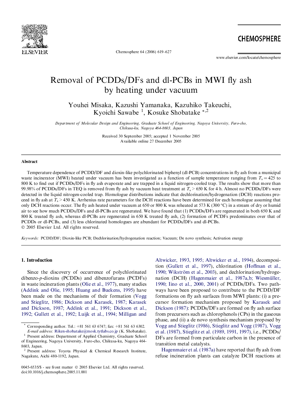 Removal of PCDDs/DFs and dl-PCBs in MWI fly ash by heating under vacuum
