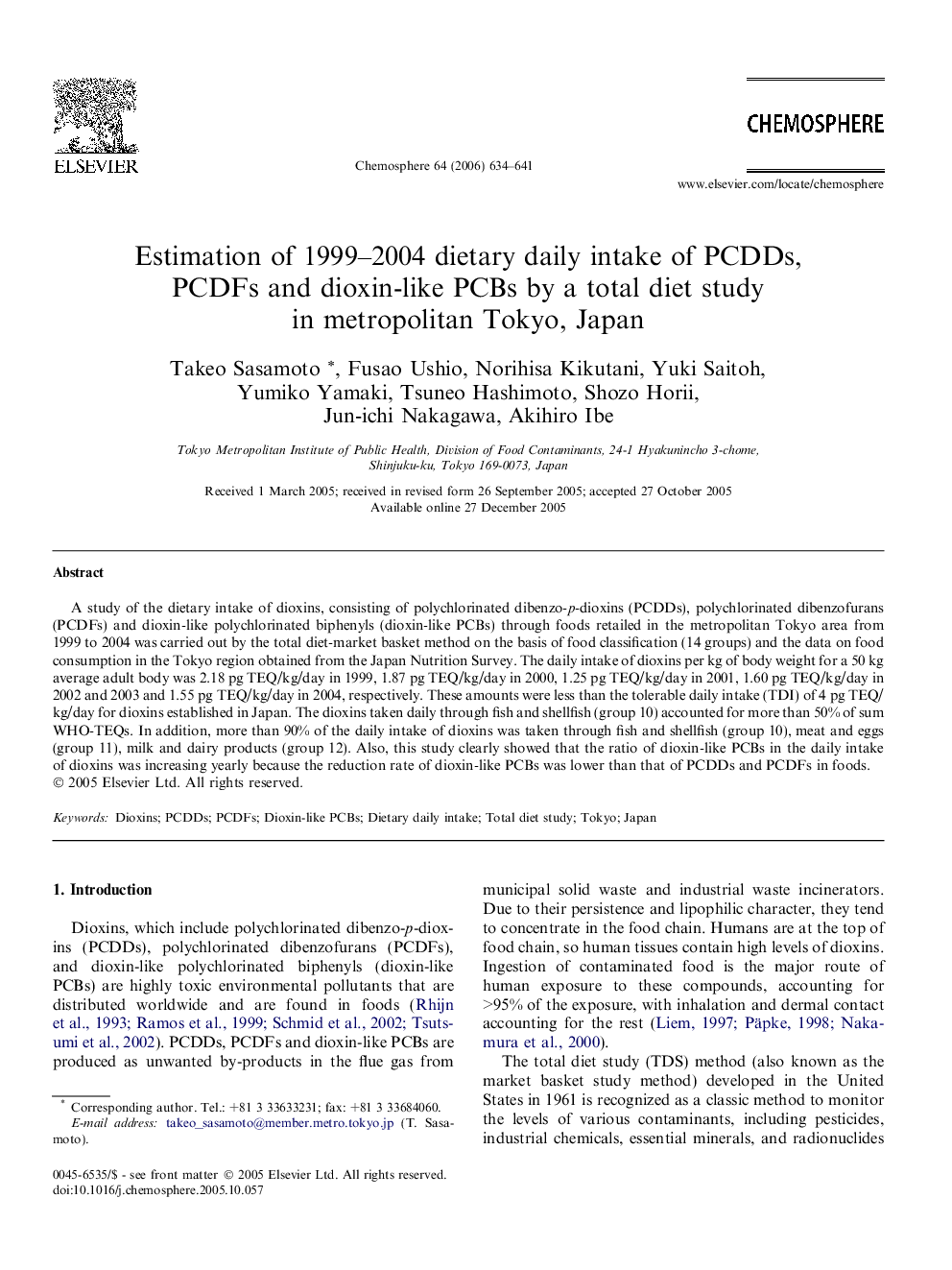 Estimation of 1999-2004 dietary daily intake of PCDDs, PCDFs and dioxin-like PCBs by a total diet study in metropolitan Tokyo, Japan