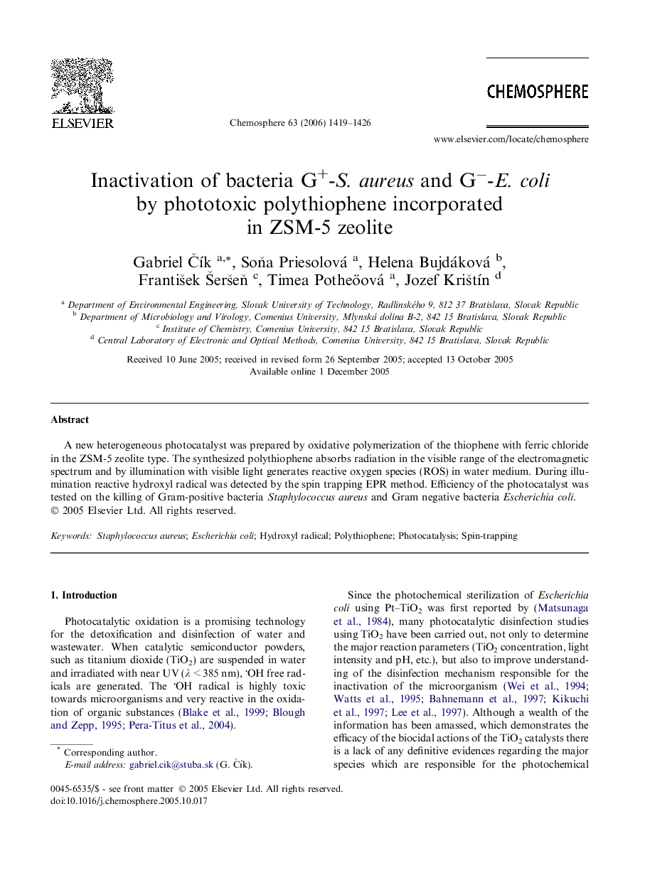 Inactivation of bacteria G+-S. aureus and Gâ-E. coli by phototoxic polythiophene incorporated in ZSM-5 zeolite