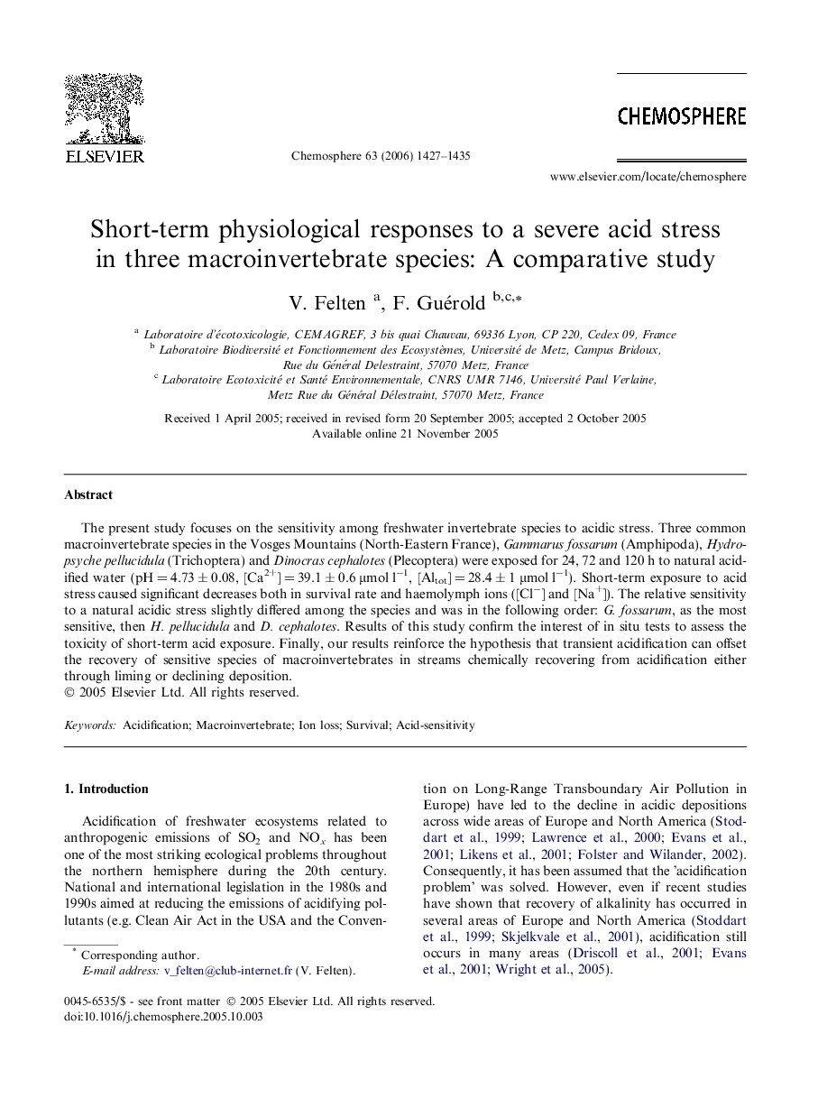 Short-term physiological responses to a severe acid stress in three macroinvertebrate species: A comparative study