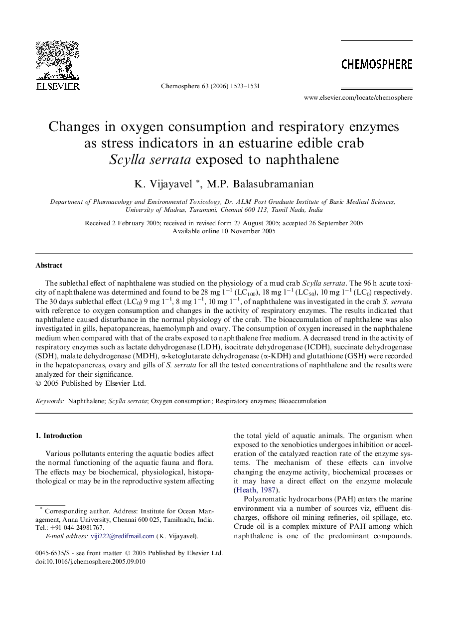 Changes in oxygen consumption and respiratory enzymes as stress indicators in an estuarine edible crab Scylla serrata exposed to naphthalene