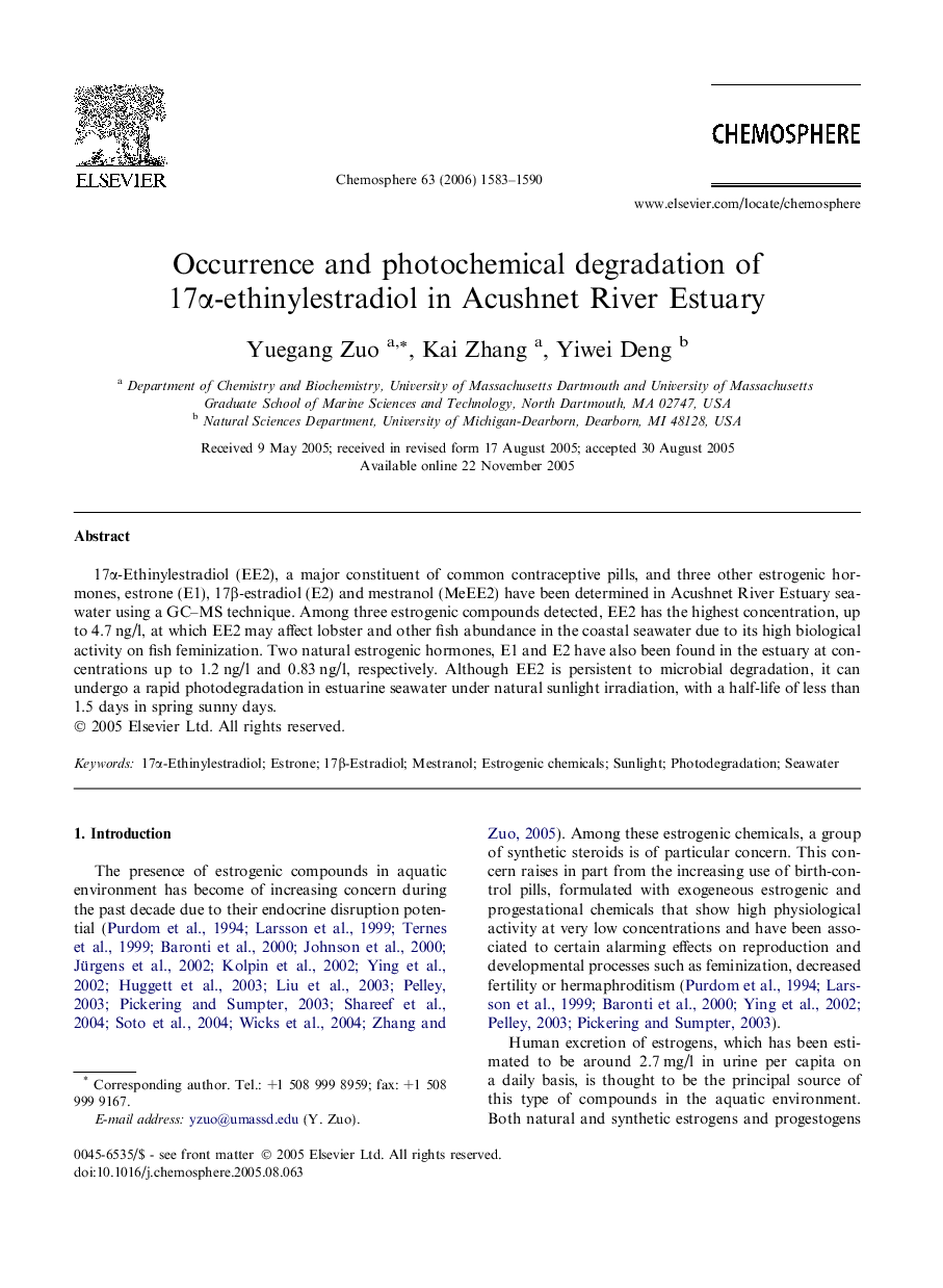 Occurrence and photochemical degradation of 17α-ethinylestradiol in Acushnet River Estuary