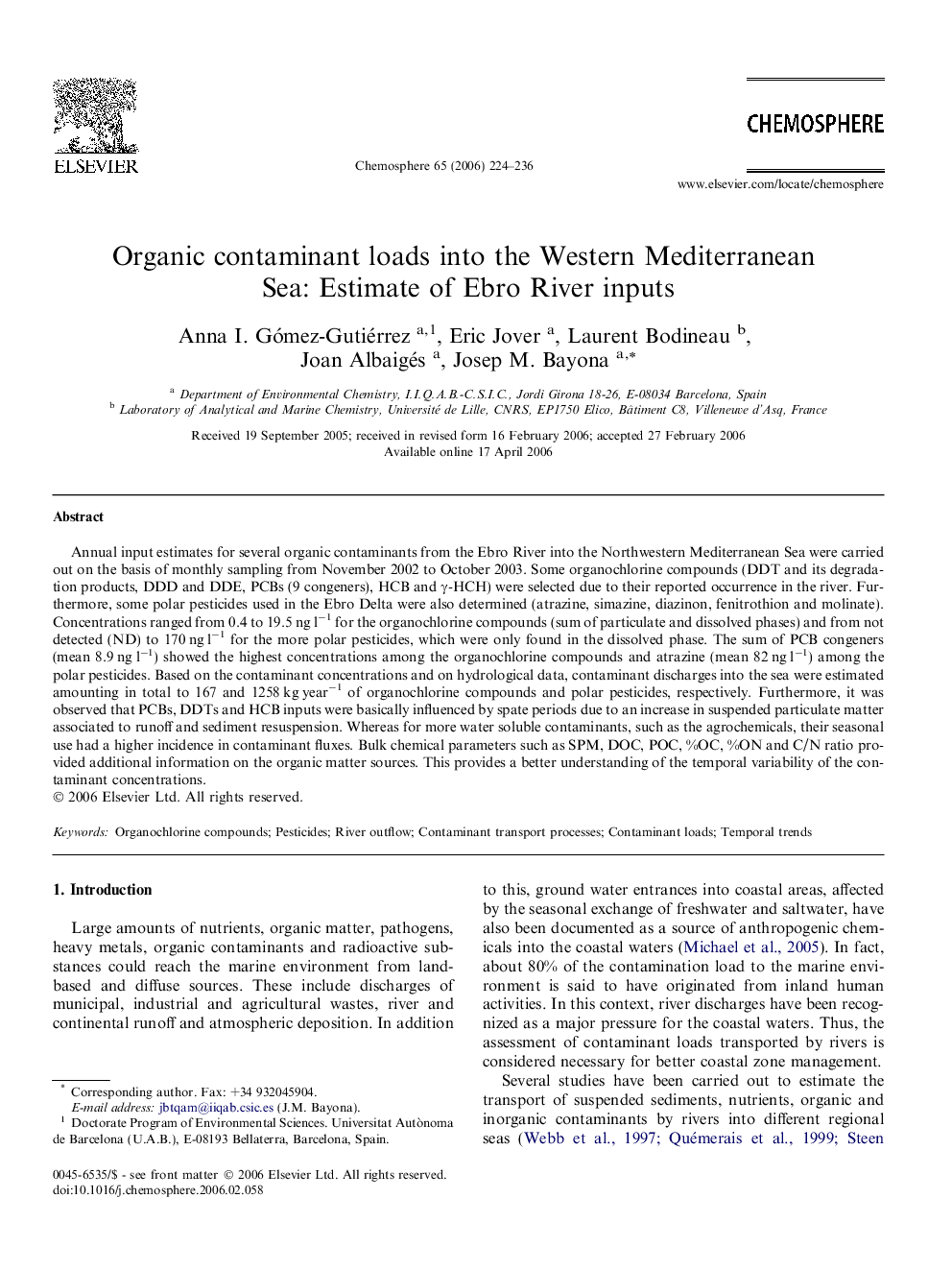 Organic contaminant loads into the Western Mediterranean Sea: Estimate of Ebro River inputs