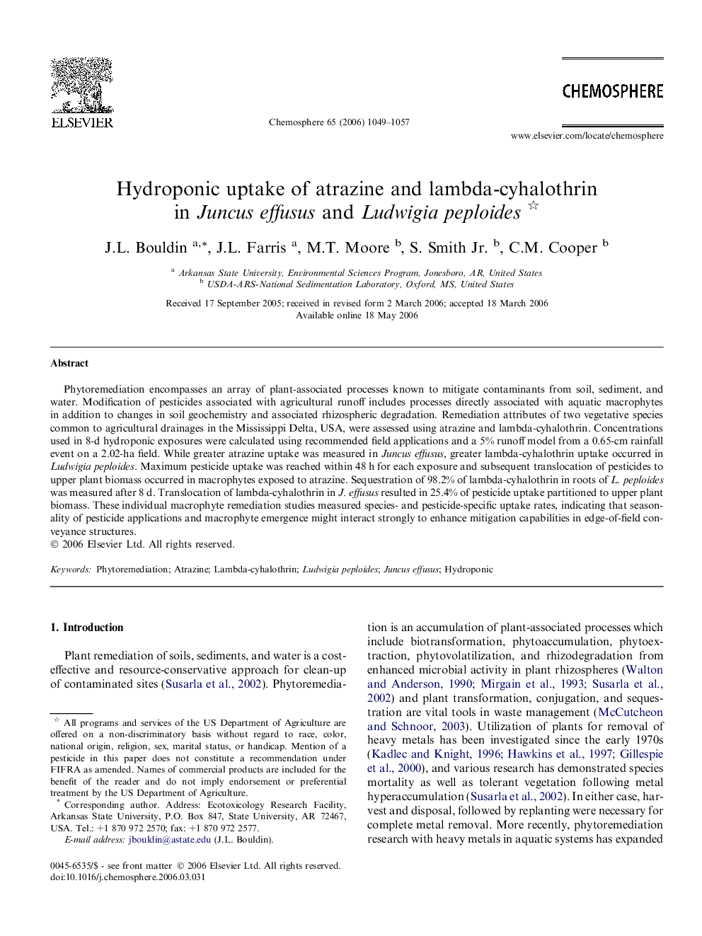 Hydroponic uptake of atrazine and lambda-cyhalothrin in Juncus effusus and Ludwigia peploides 