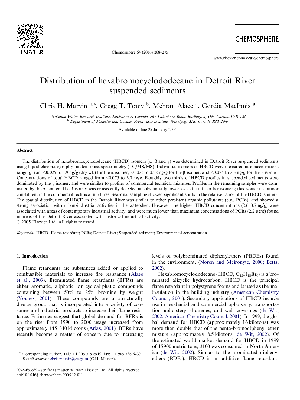 Distribution of hexabromocyclododecane in Detroit River suspended sediments