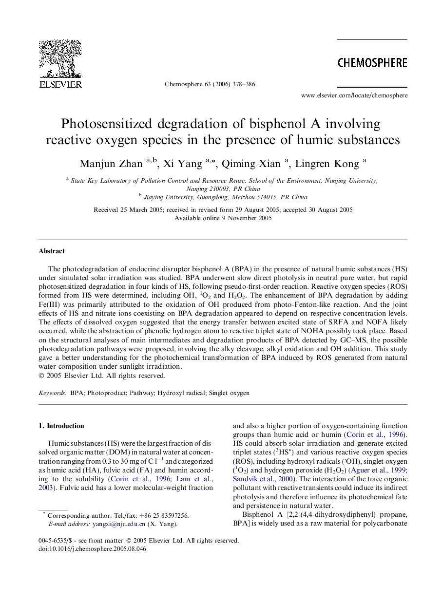 Photosensitized degradation of bisphenol A involving reactive oxygen species in the presence of humic substances