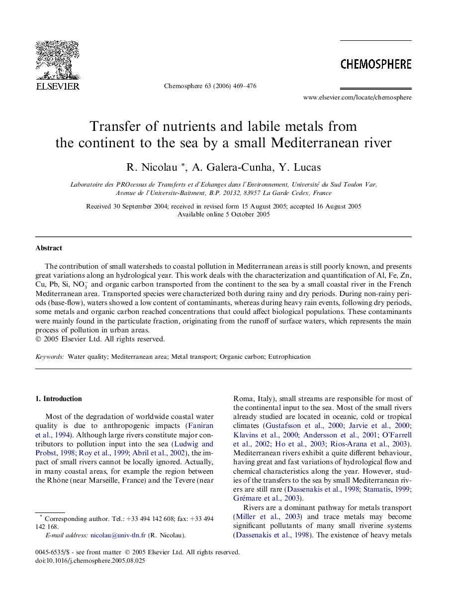 Transfer of nutrients and labile metals from the continent to the sea by a small Mediterranean river