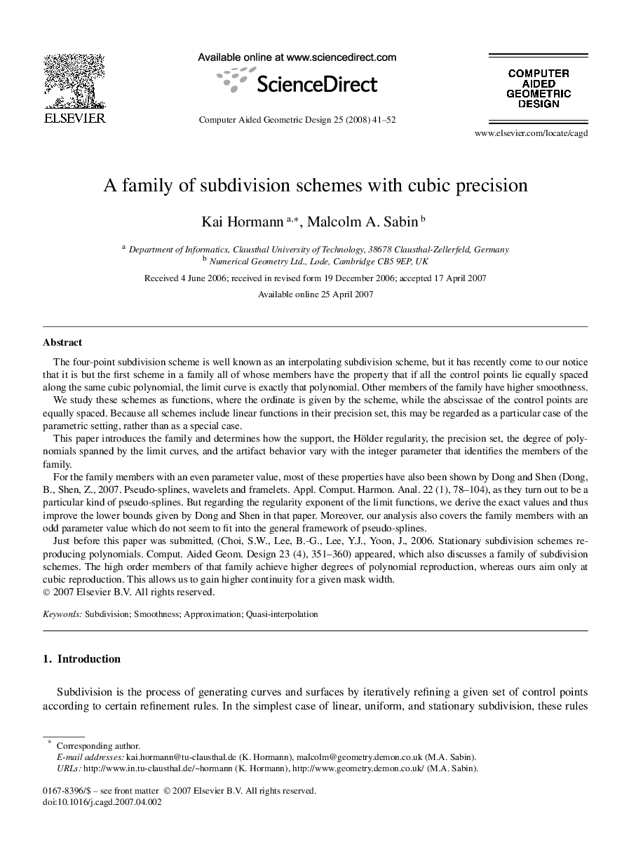 A family of subdivision schemes with cubic precision