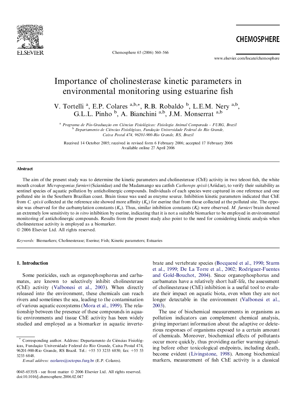 Importance of cholinesterase kinetic parameters in environmental monitoring using estuarine fish