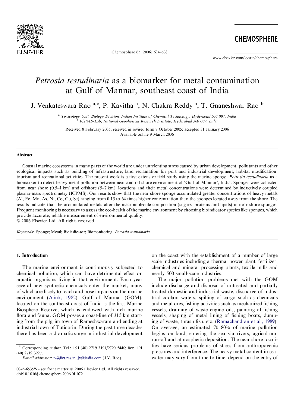 Petrosia testudinaria as a biomarker for metal contamination at Gulf of Mannar, southeast coast of India