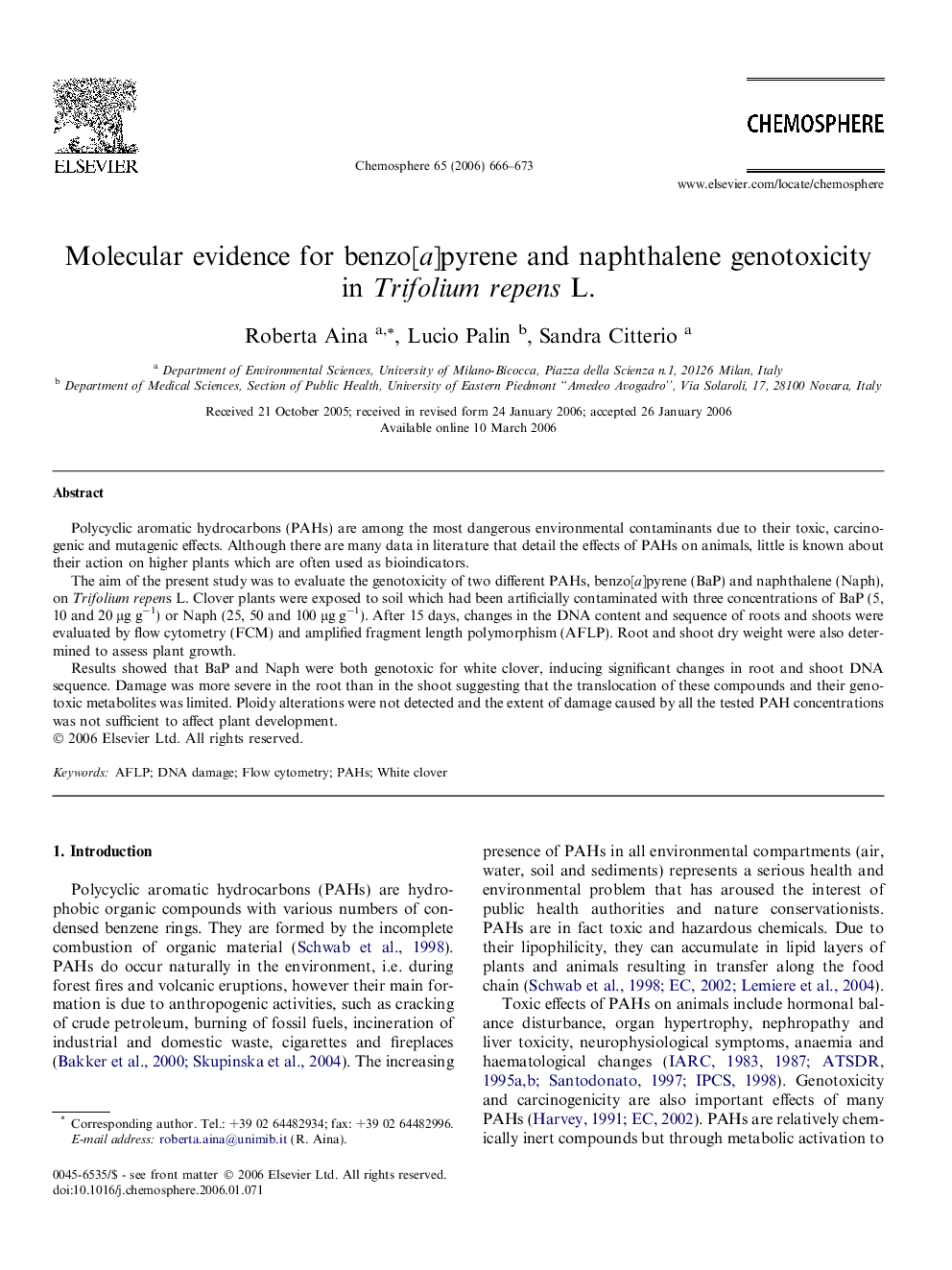 Molecular evidence for benzo[a]pyrene and naphthalene genotoxicity in Trifolium repens L.