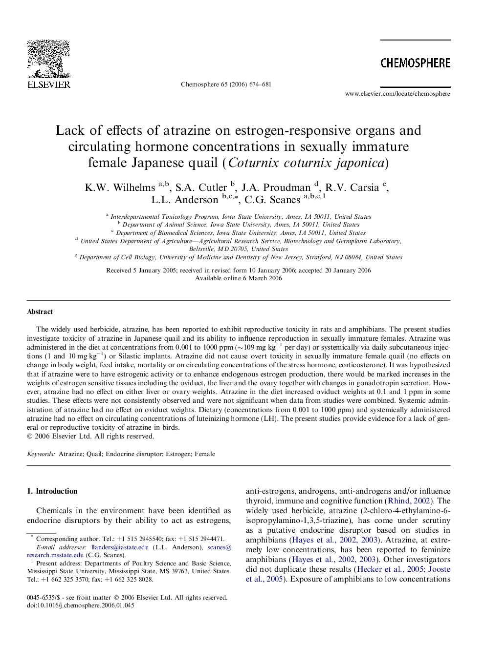 Lack of effects of atrazine on estrogen-responsive organs and circulating hormone concentrations in sexually immature female Japanese quail (Coturnix coturnix japonica)