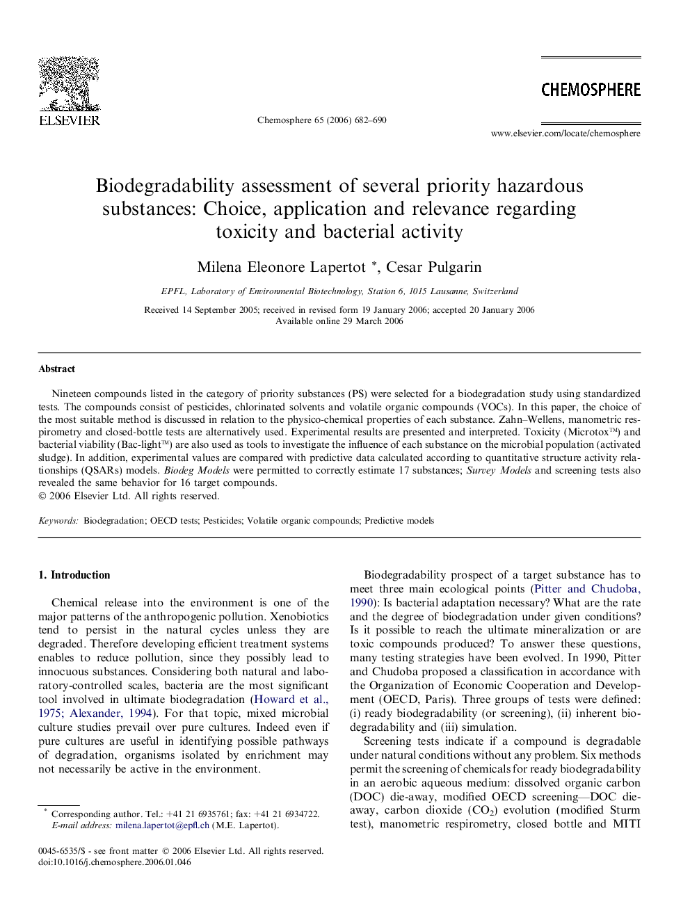 Biodegradability assessment of several priority hazardous substances: Choice, application and relevance regarding toxicity and bacterial activity