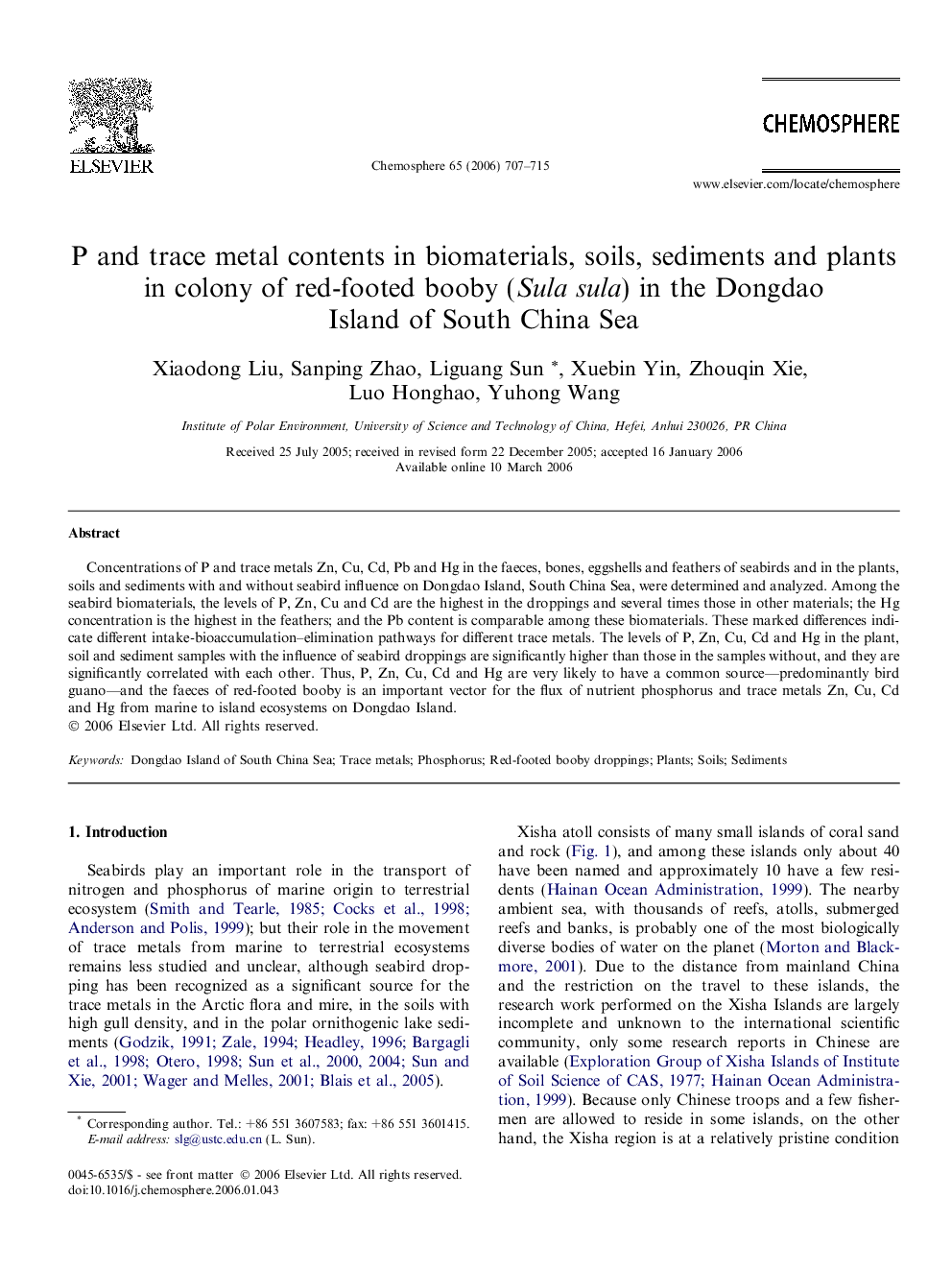 P and trace metal contents in biomaterials, soils, sediments and plants in colony of red-footed booby (Sula sula) in the Dongdao Island of South China Sea