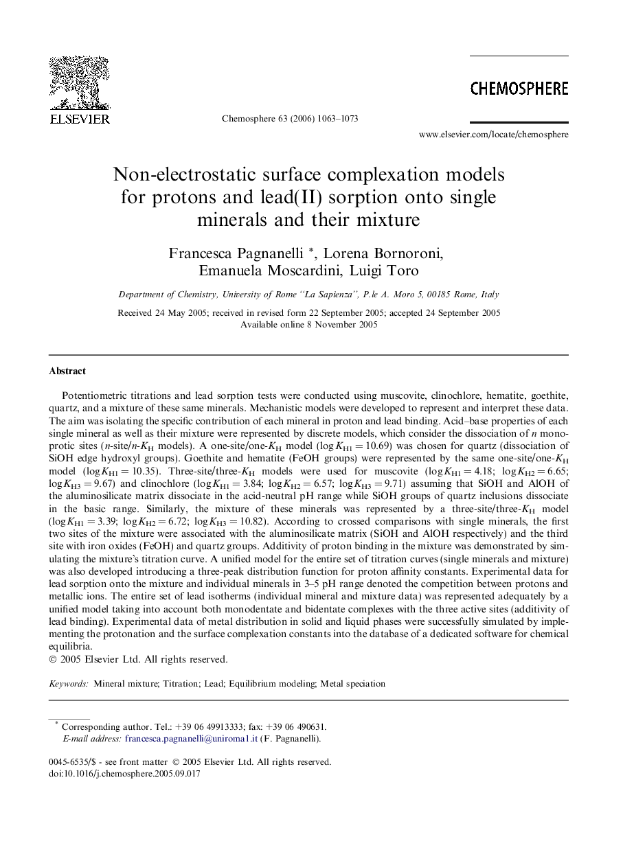 Non-electrostatic surface complexation models for protons and lead(II) sorption onto single minerals and their mixture