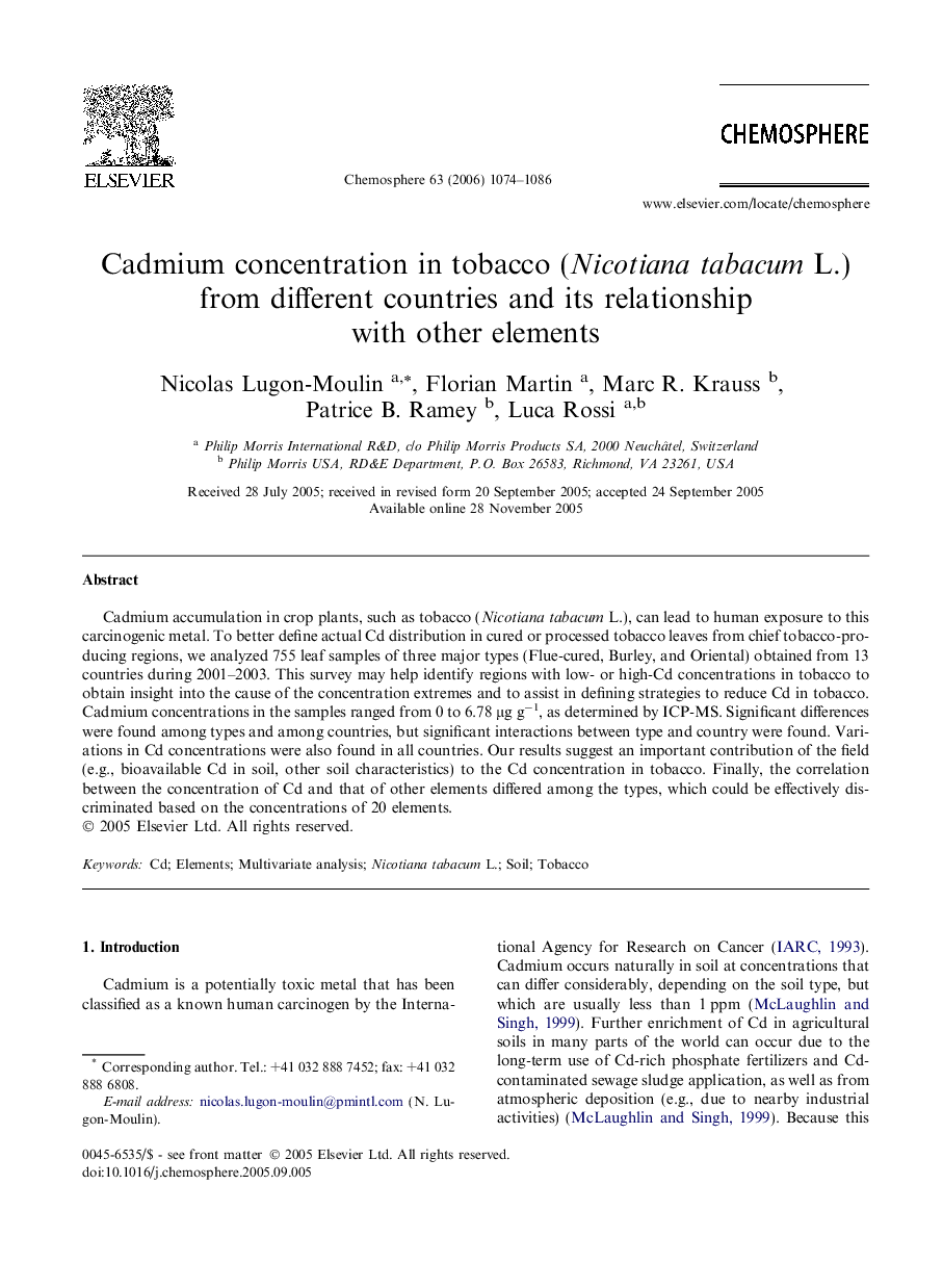 عکس صفحه اول مقاله: Cadmium concentration in tobacco (Nicotiana tabacum L.) from different countries and its relationship with other elements Cadmium concentration in tobacco (Nicotiana tabacum L.) from different countries and its relationship with other elements