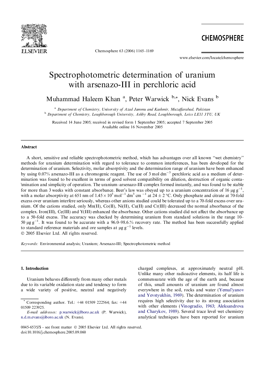 Spectrophotometric determination of uranium with arsenazo-III in perchloric acid