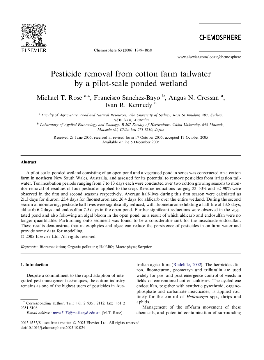 Pesticide removal from cotton farm tailwater by a pilot-scale ponded wetland