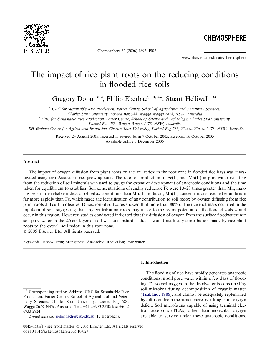 The impact of rice plant roots on the reducing conditions in flooded rice soils