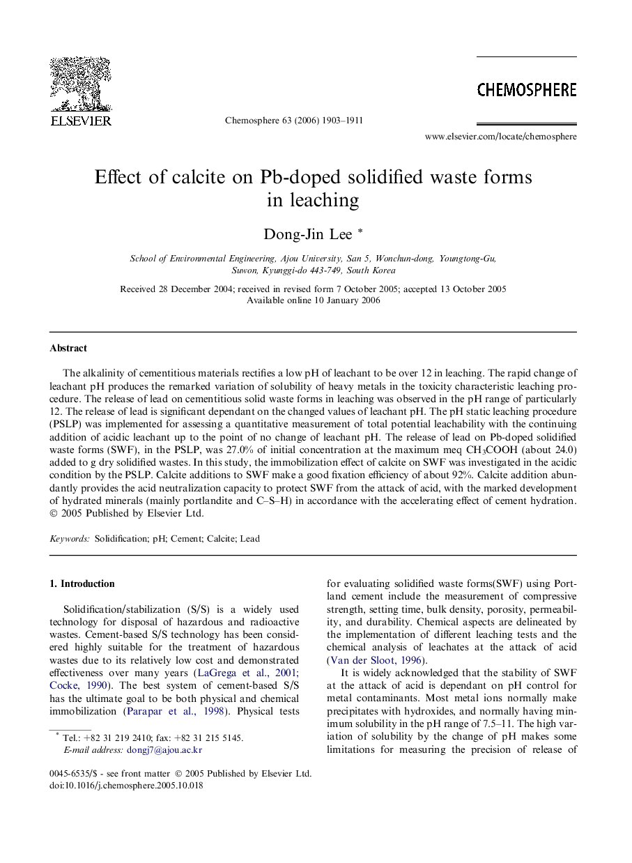 Effect of calcite on Pb-doped solidified waste forms in leaching