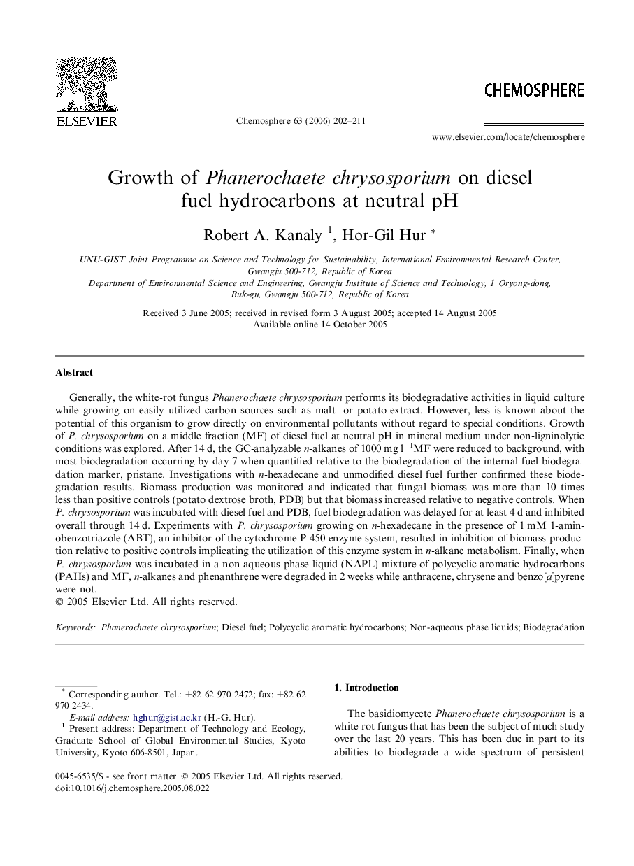 Growth of Phanerochaete chrysosporium on diesel fuel hydrocarbons at neutral pH
