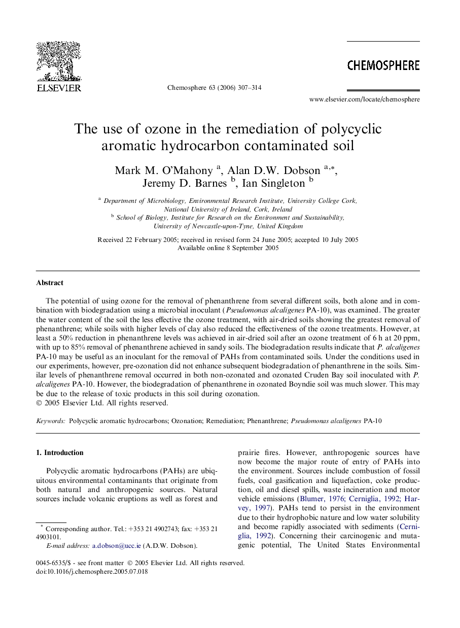 The use of ozone in the remediation of polycyclic aromatic hydrocarbon contaminated soil