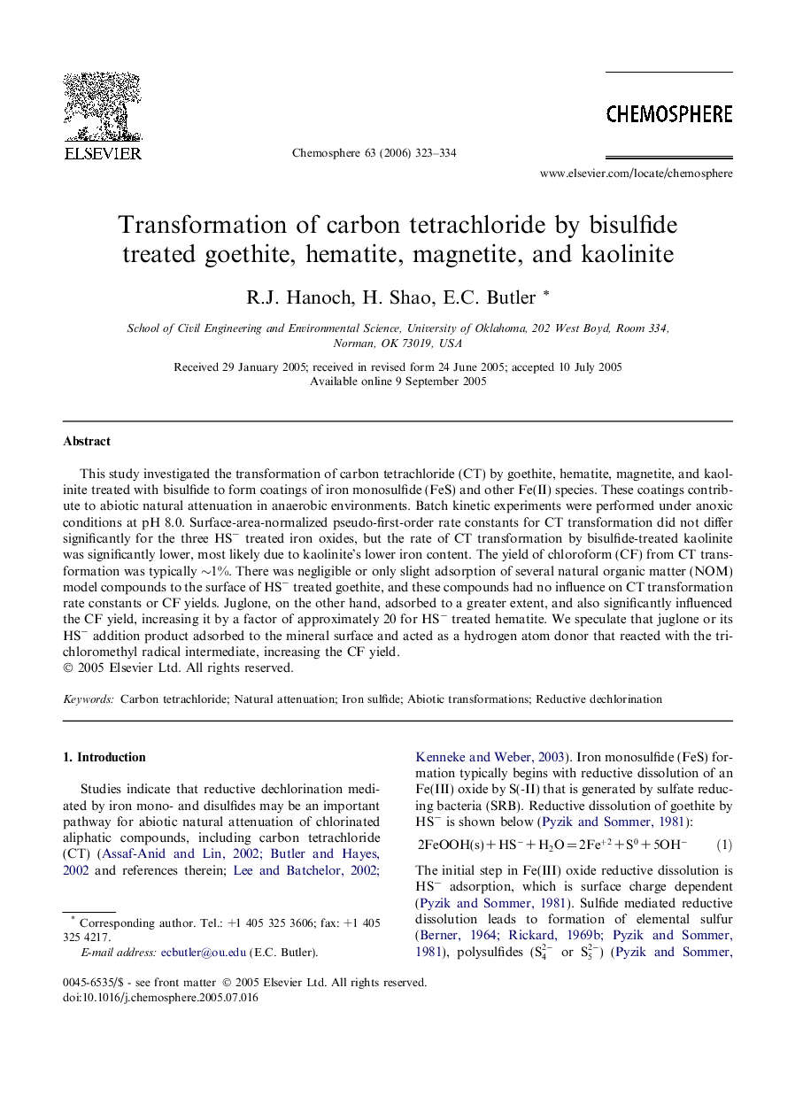 Transformation of carbon tetrachloride by bisulfide treated goethite, hematite, magnetite, and kaolinite