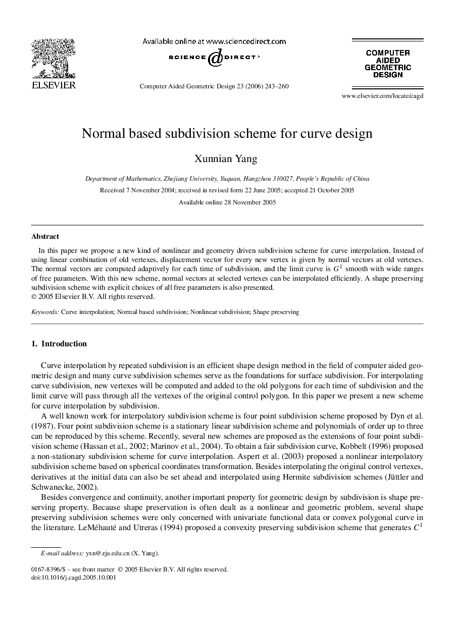 Normal based subdivision scheme for curve design