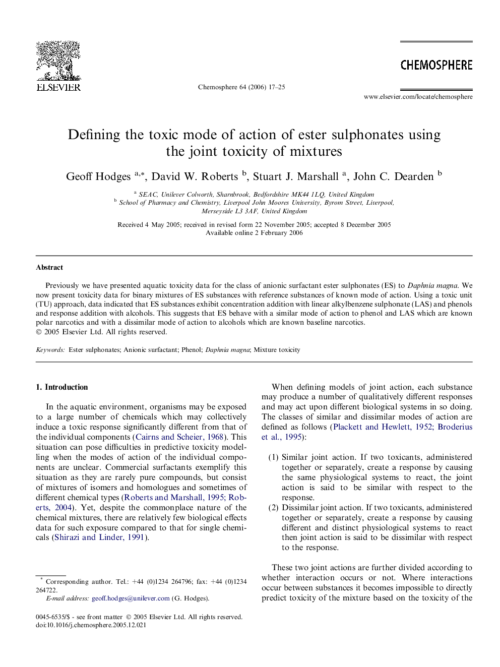 Defining the toxic mode of action of ester sulphonates using the joint toxicity of mixtures