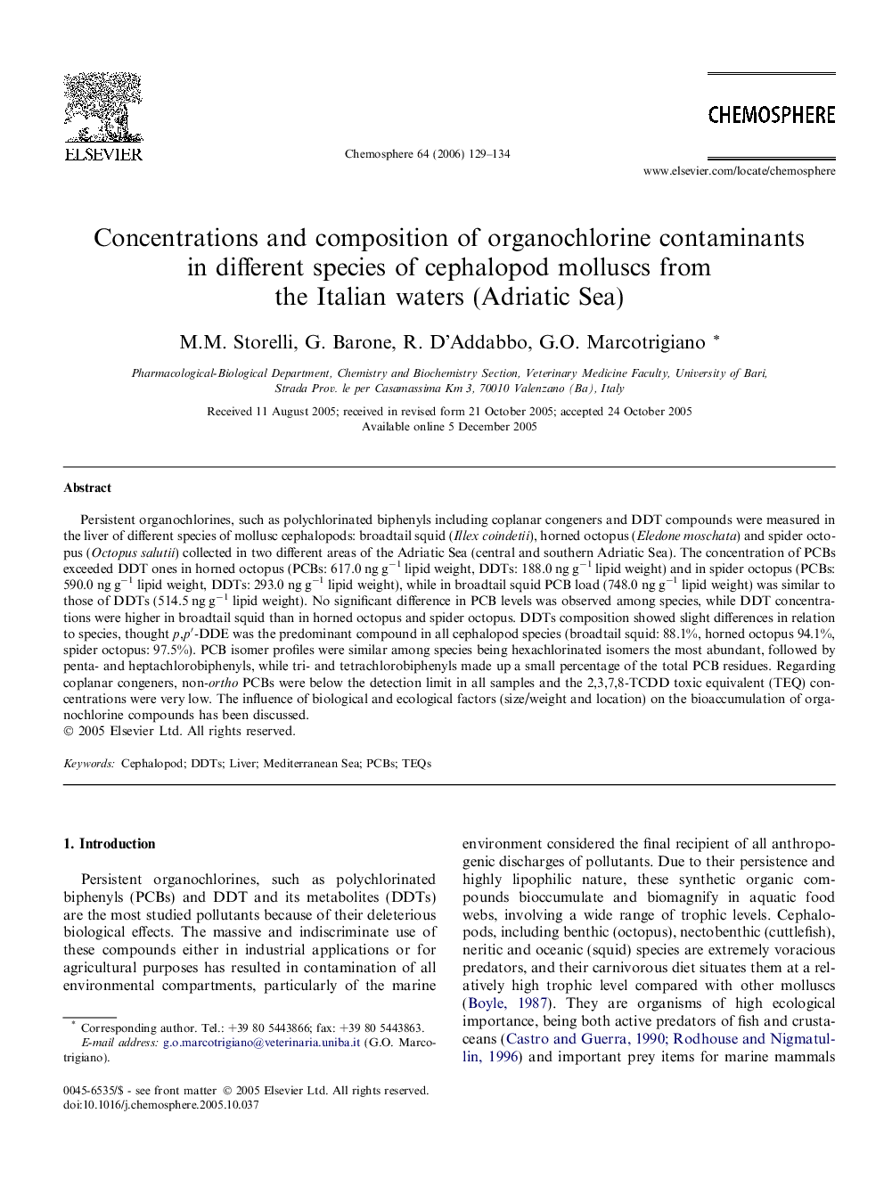 Concentrations and composition of organochlorine contaminants in different species of cephalopod molluscs from the Italian waters (Adriatic Sea)