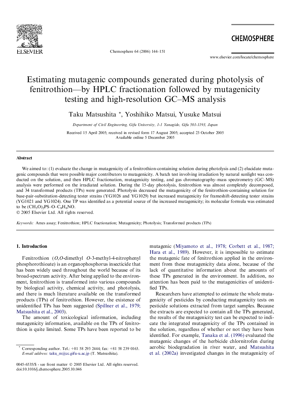 Estimating mutagenic compounds generated during photolysis of fenitrothion—by HPLC fractionation followed by mutagenicity testing and high-resolution GC–MS analysis