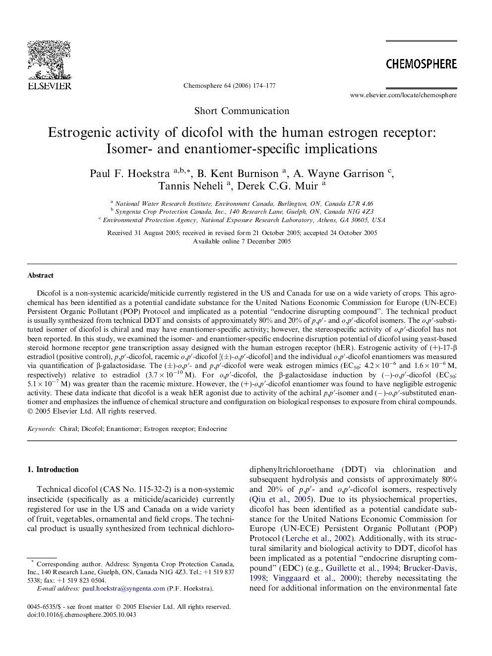 Estrogenic activity of dicofol with the human estrogen receptor: Isomer- and enantiomer-specific implications