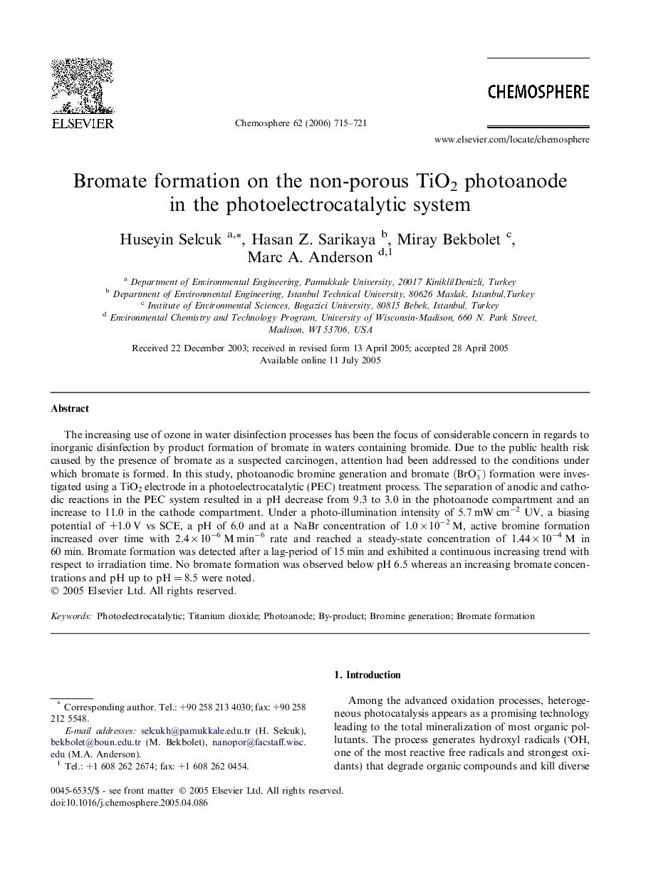 عکس صفحه اول مقاله: Bromate formation on the non-porous TiO2 photoanode in the photoelectrocatalytic system Bromate formation on the non-porous TiO2 photoanode in the photoelectrocatalytic system