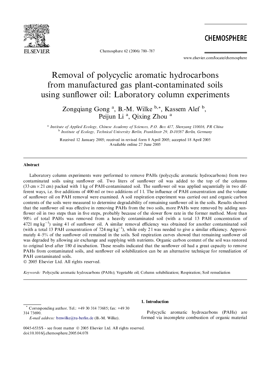 Removal of polycyclic aromatic hydrocarbons from manufactured gas plant-contaminated soils using sunflower oil: Laboratory column experiments