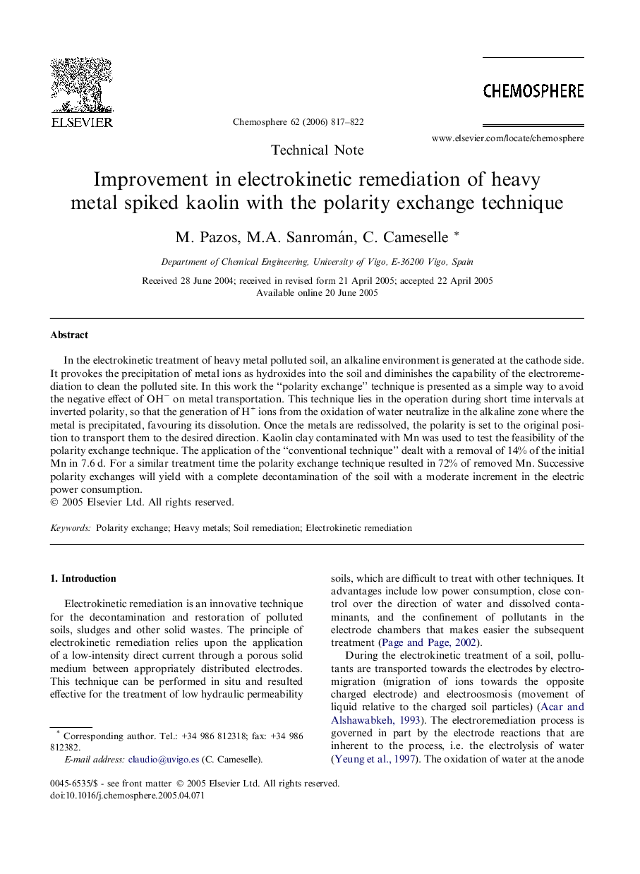 Improvement in electrokinetic remediation of heavy metal spiked kaolin with the polarity exchange technique