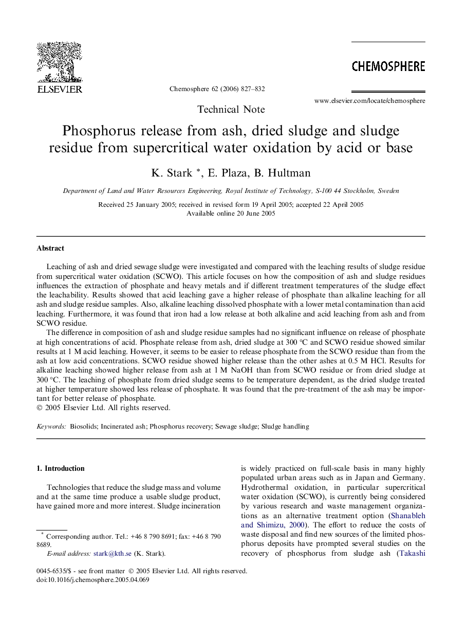 Phosphorus release from ash, dried sludge and sludge residue from supercritical water oxidation by acid or base