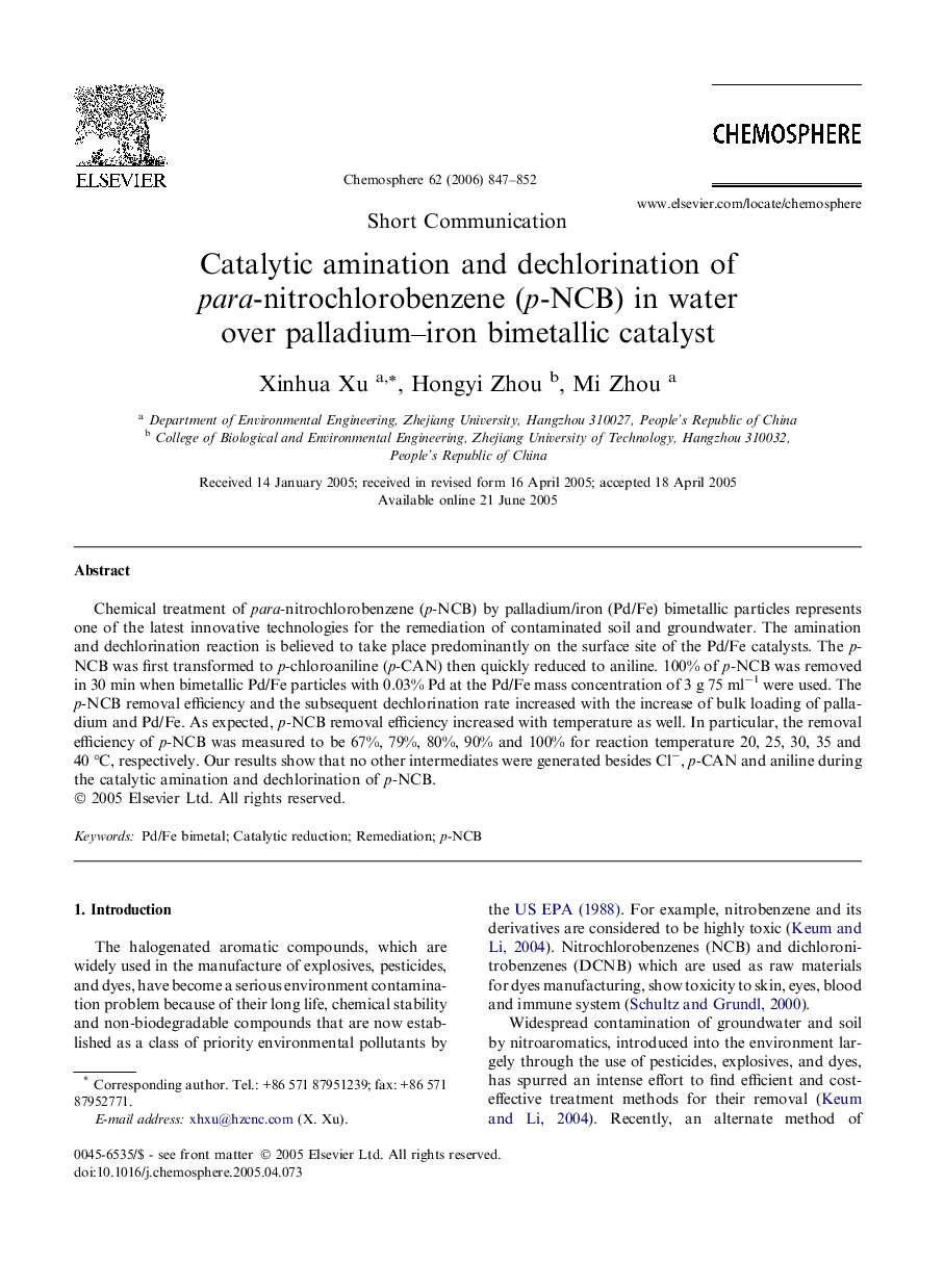 Catalytic amination and dechlorination of para-nitrochlorobenzene (p-NCB) in water over palladium-iron bimetallic catalyst