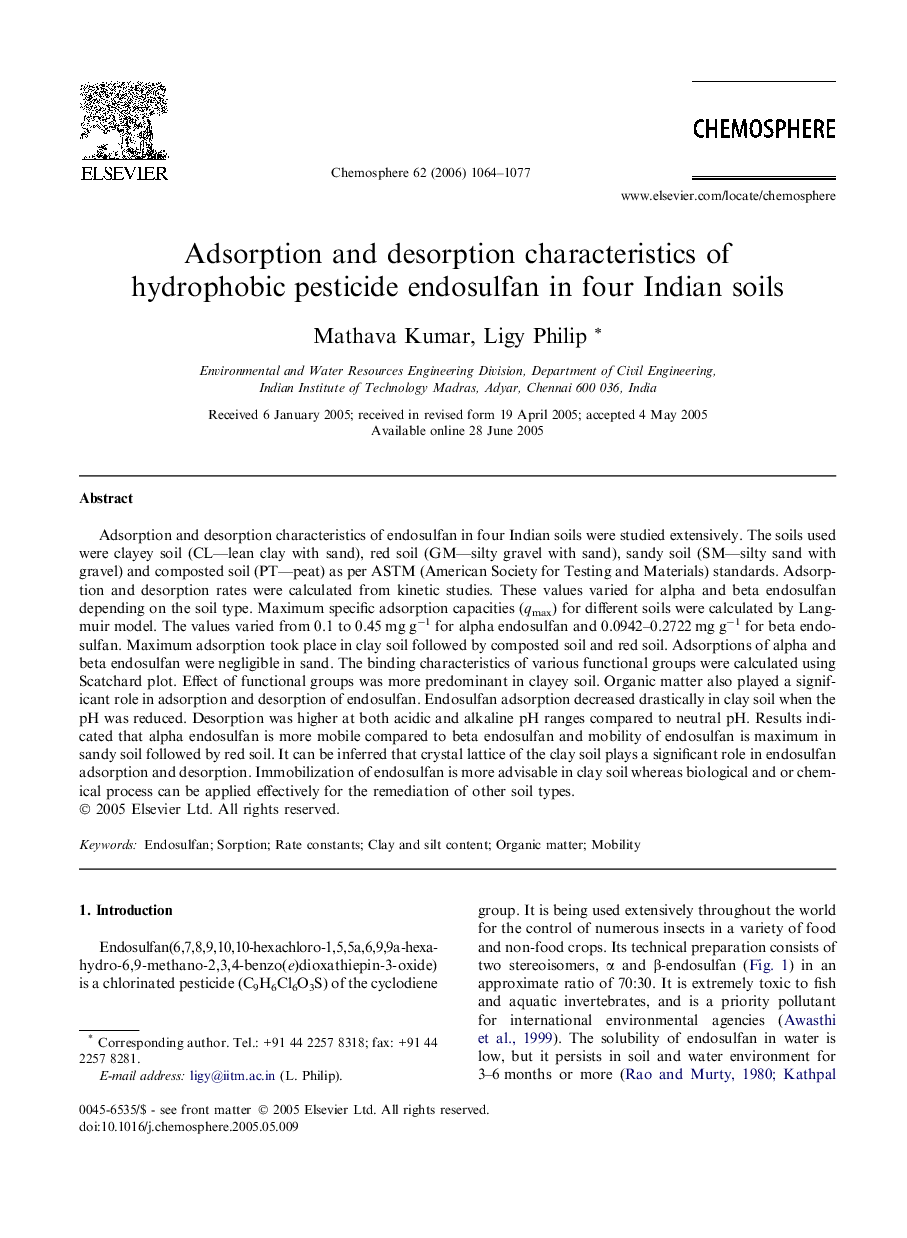 Adsorption and desorption characteristics of hydrophobic pesticide endosulfan in four Indian soils