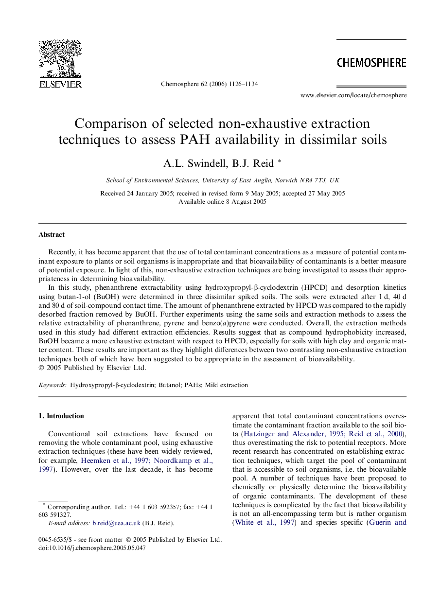 Comparison of selected non-exhaustive extraction techniques to assess PAH availability in dissimilar soils