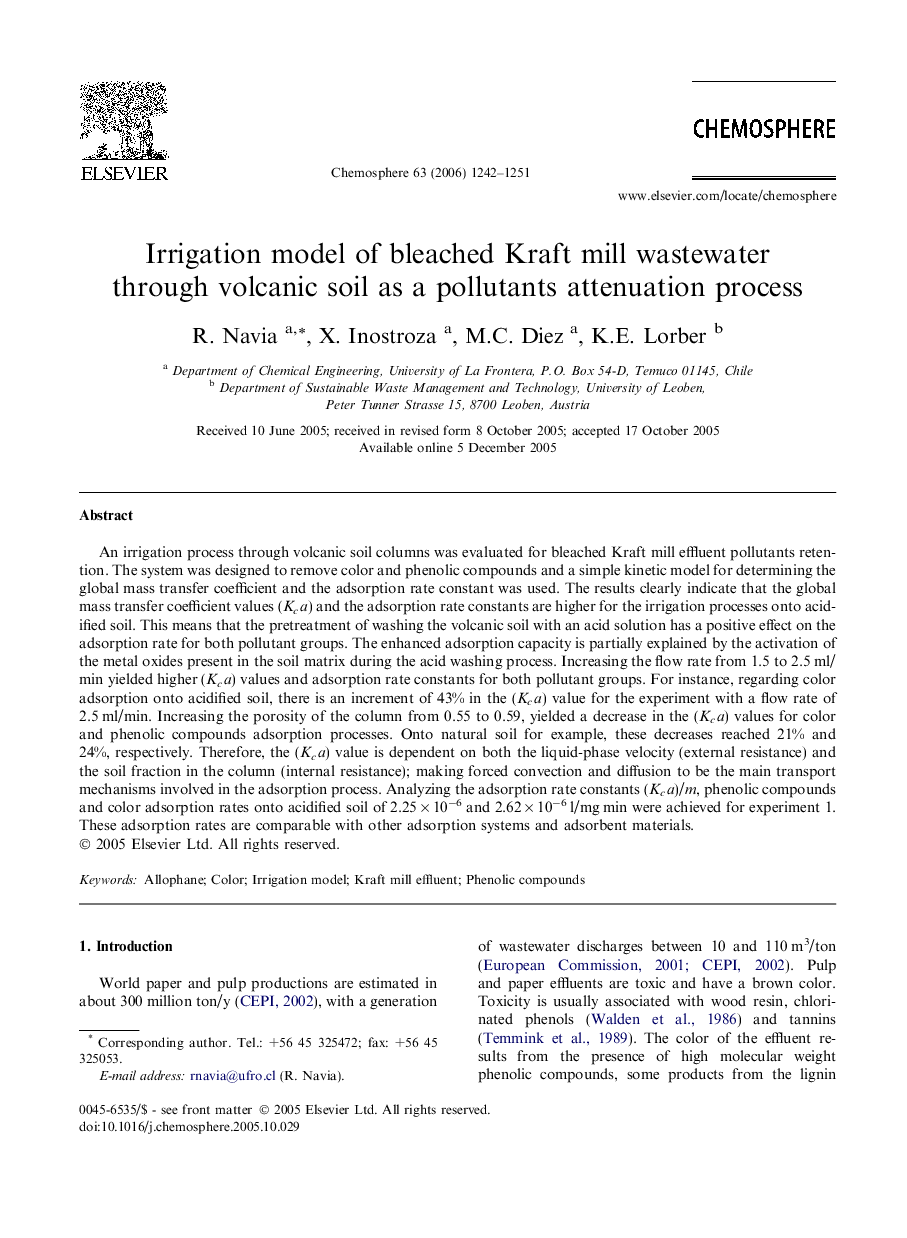 Irrigation model of bleached Kraft mill wastewater through volcanic soil as a pollutants attenuation process