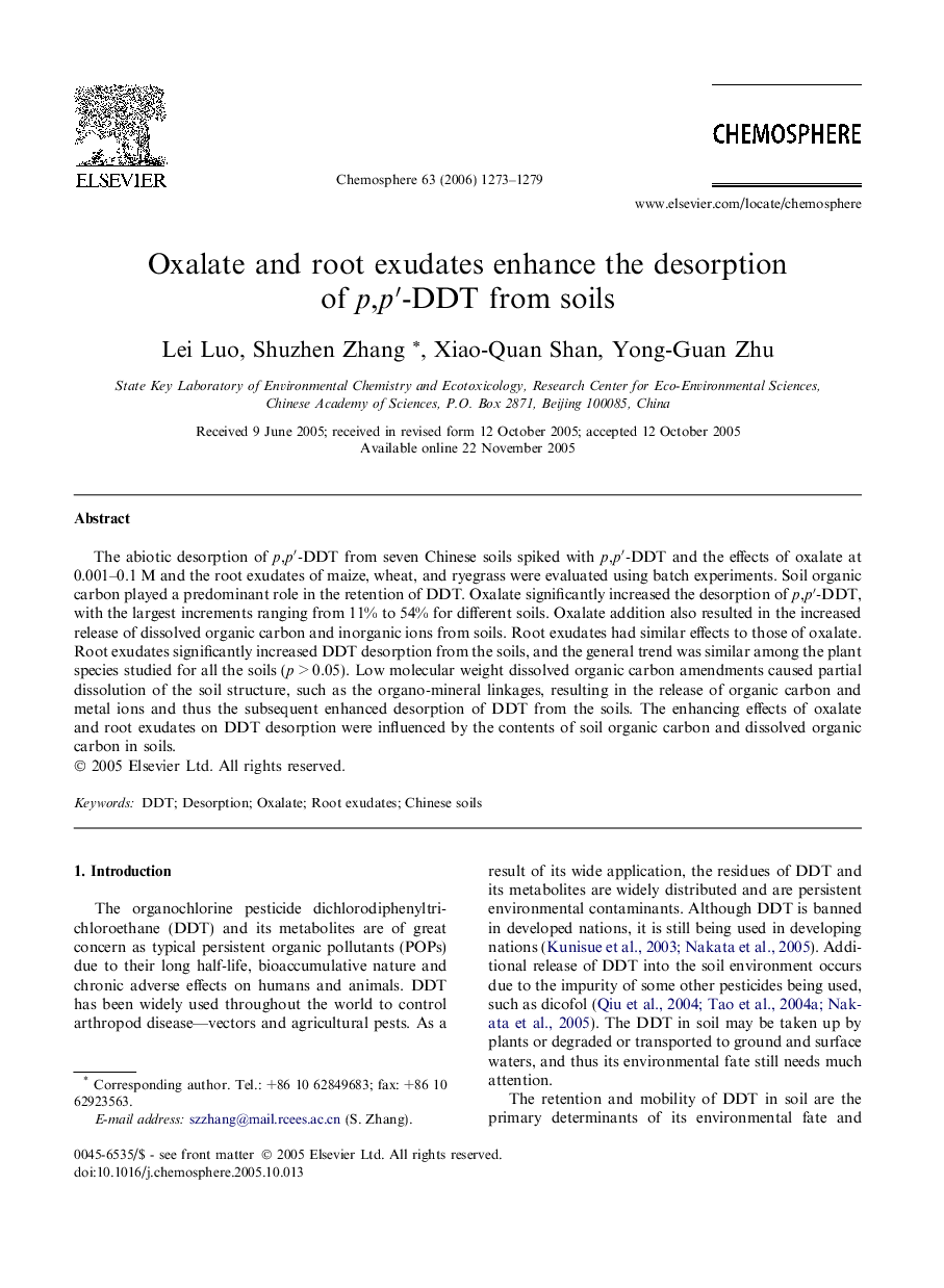 Oxalate and root exudates enhance the desorption of p,pâ²-DDT from soils