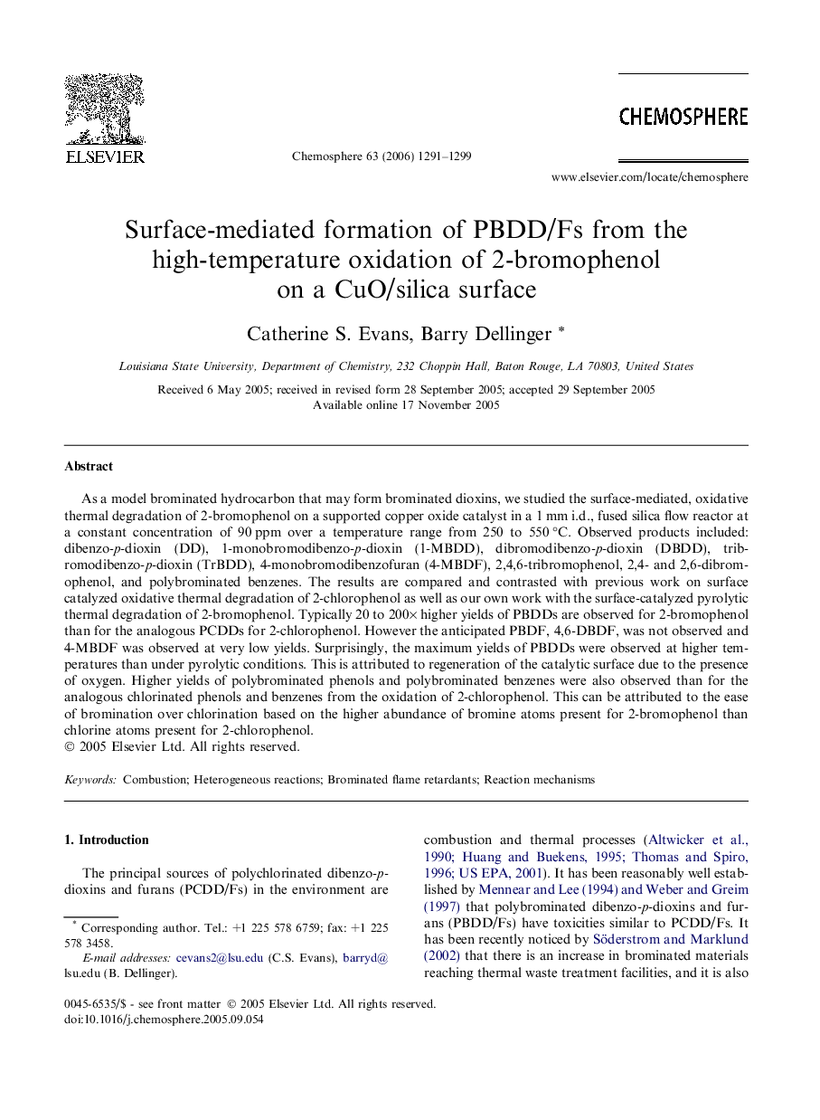 Surface-mediated formation of PBDD/Fs from the high-temperature oxidation of 2-bromophenol on a CuO/silica surface