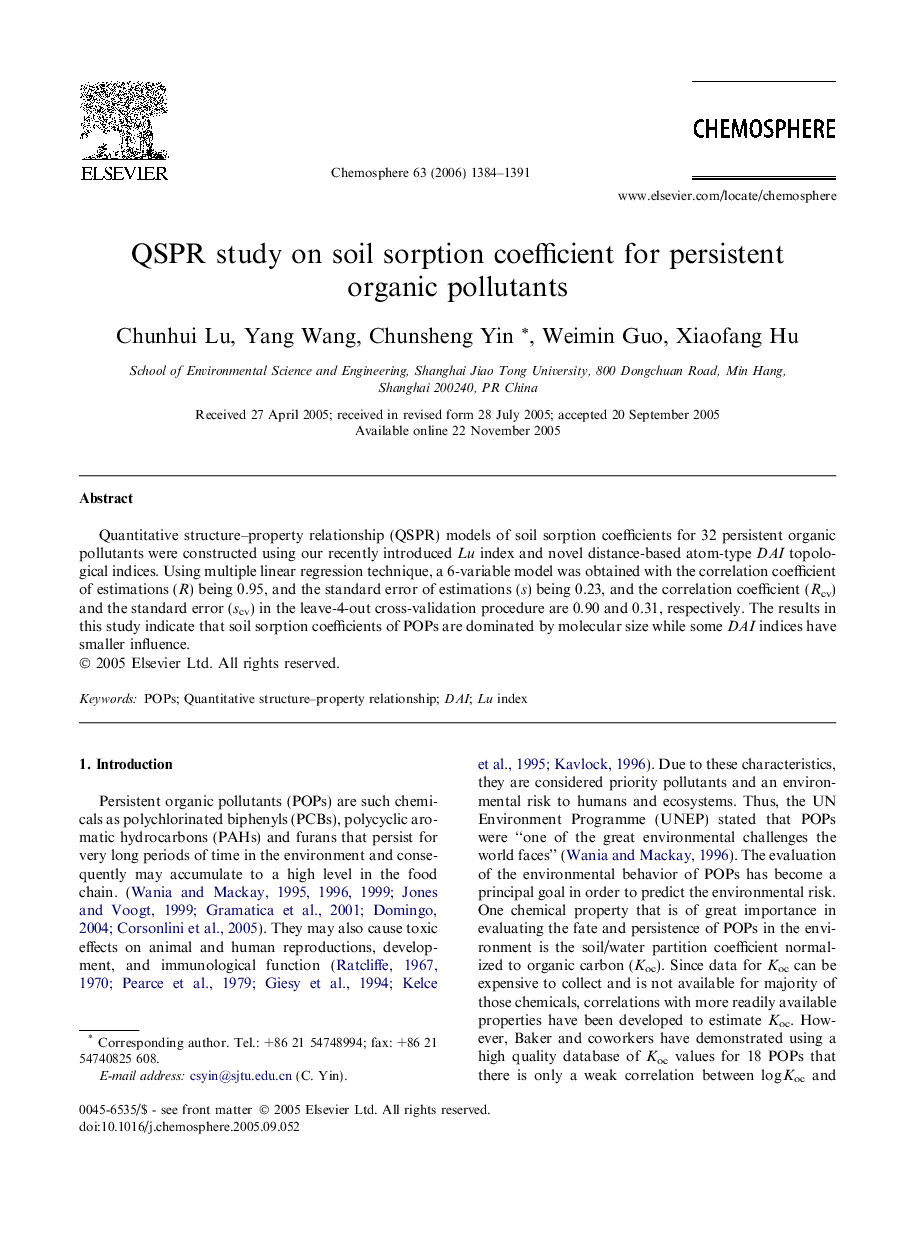 QSPR study on soil sorption coefficient for persistent organic pollutants