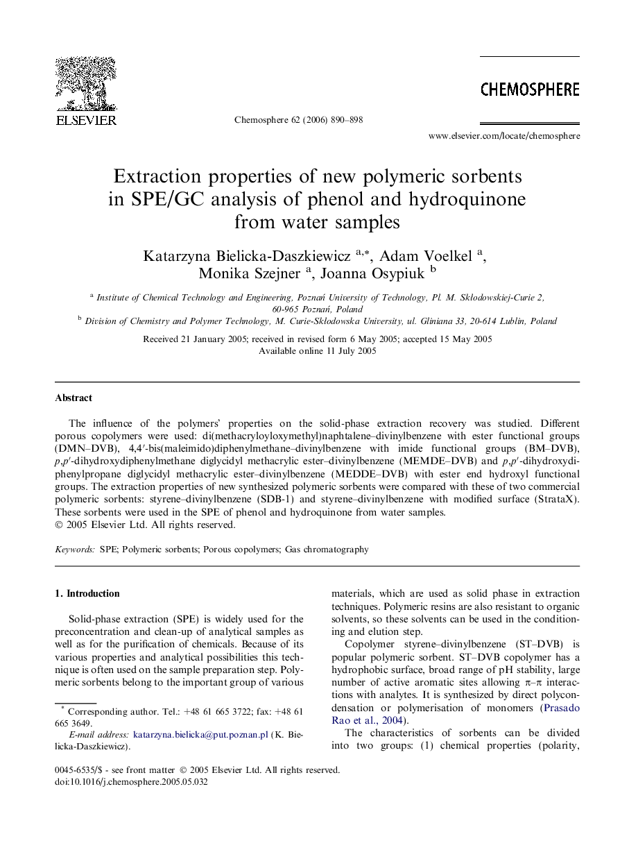 Extraction properties of new polymeric sorbents in SPE/GC analysis of phenol and hydroquinone from water samples