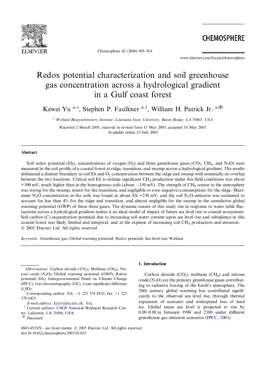 Redox potential characterization and soil greenhouse gas concentration across a hydrological gradient in a Gulf coast forest