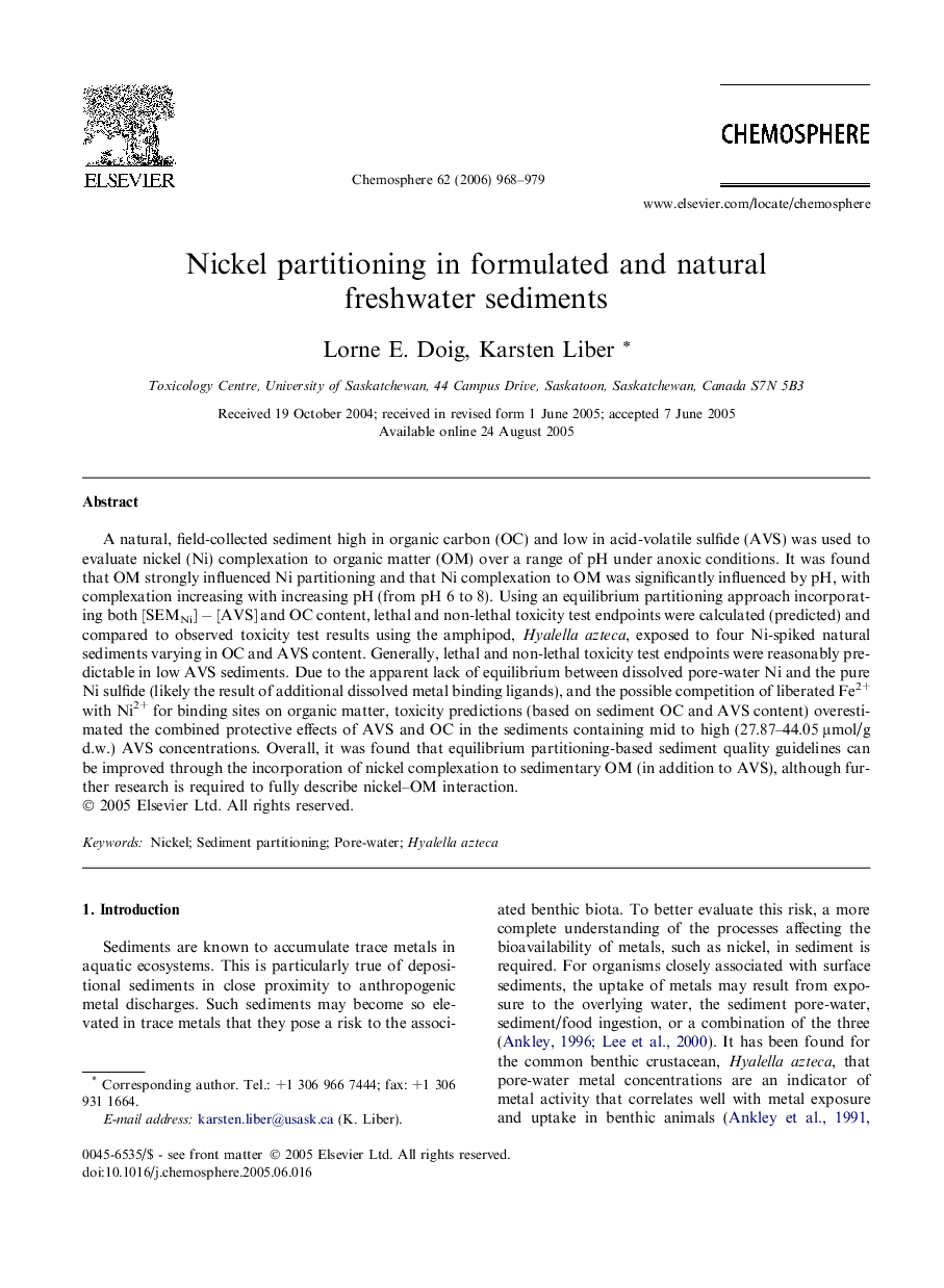 Nickel partitioning in formulated and natural freshwater sediments