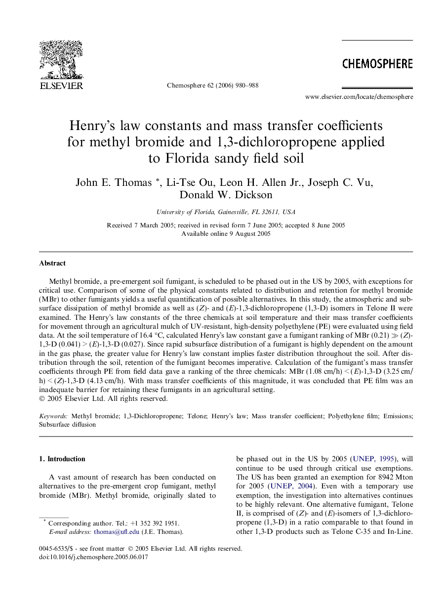 Henry’s law constants and mass transfer coefficients for methyl bromide and 1,3-dichloropropene applied to Florida sandy field soil