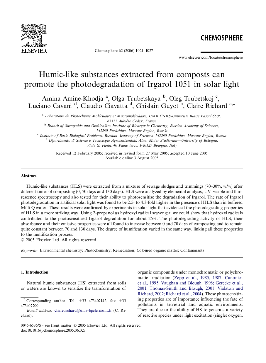 Humic-like substances extracted from composts can promote the photodegradation of Irgarol 1051 in solar light